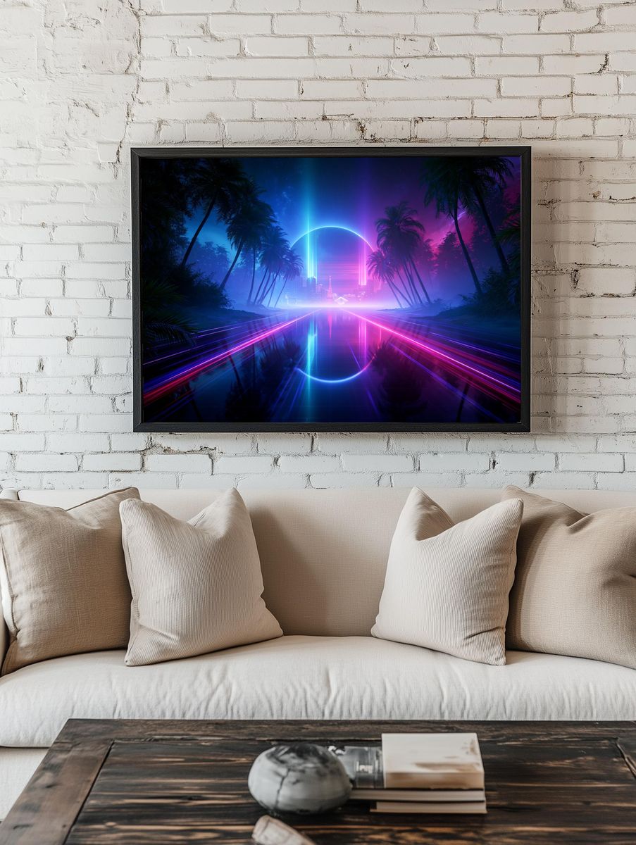 Neon Palm Horizon Retro Print. — room view 1