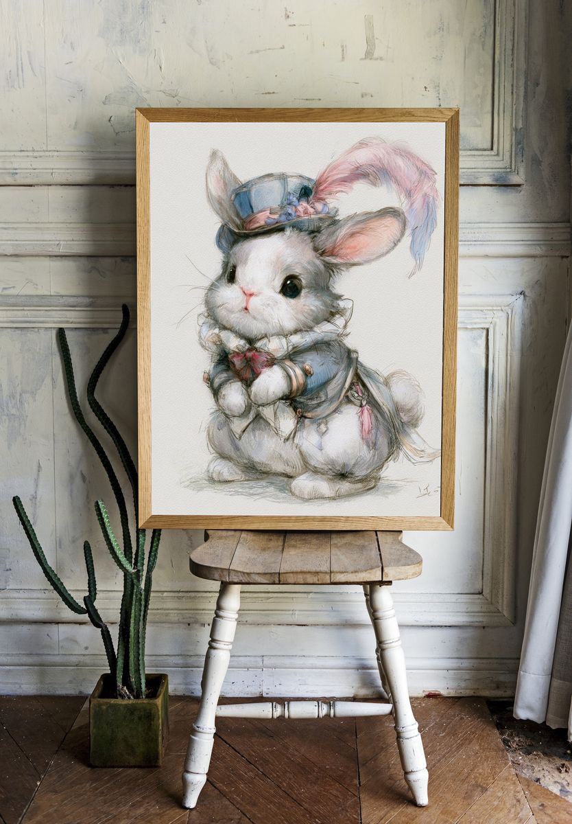 Victorian Bunny Watercolor Print. room preview
