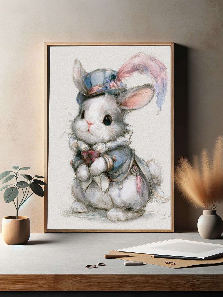 Victorian Bunny Watercolor Print. — room view 2