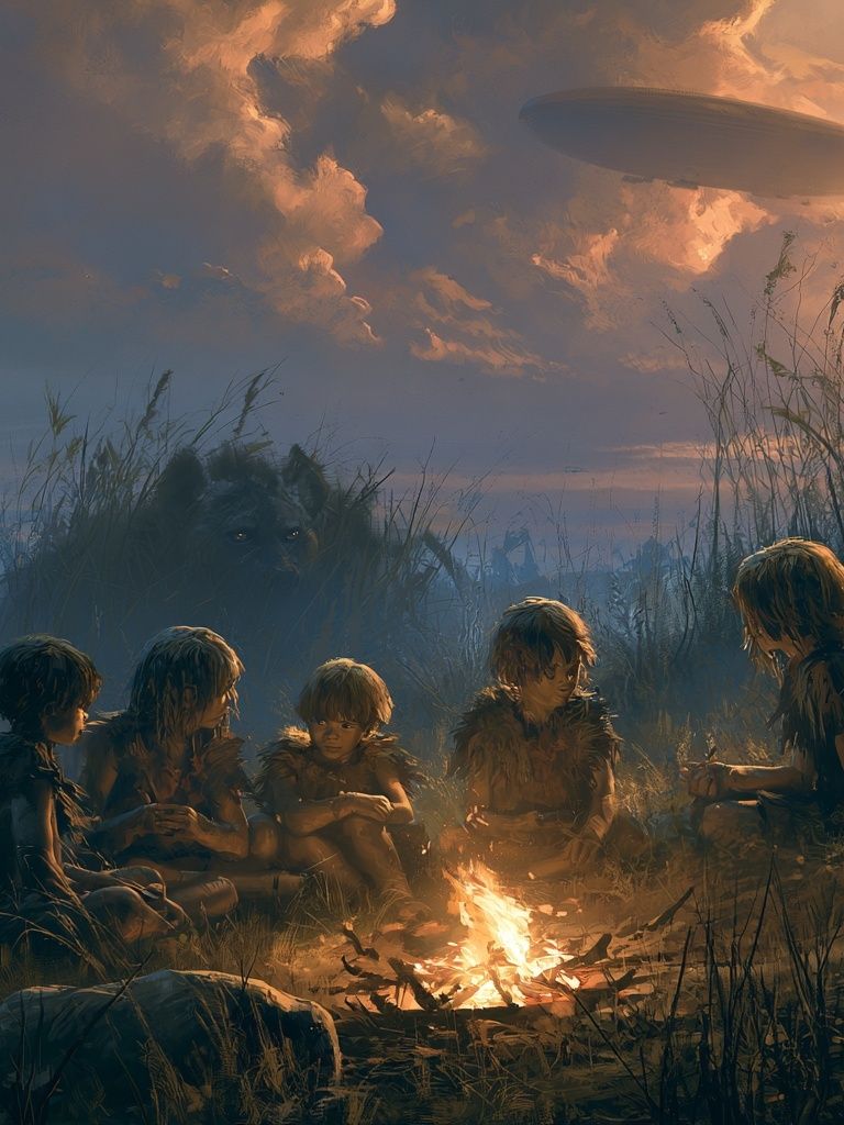 Children by Campfire Sci-Fi Illustration Poster. poster — illustration art