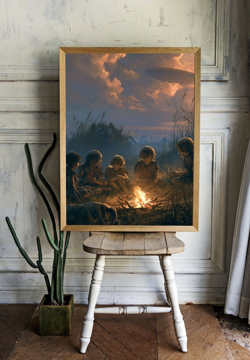 Children by Campfire Sci-Fi Illustration Poster. room preview
