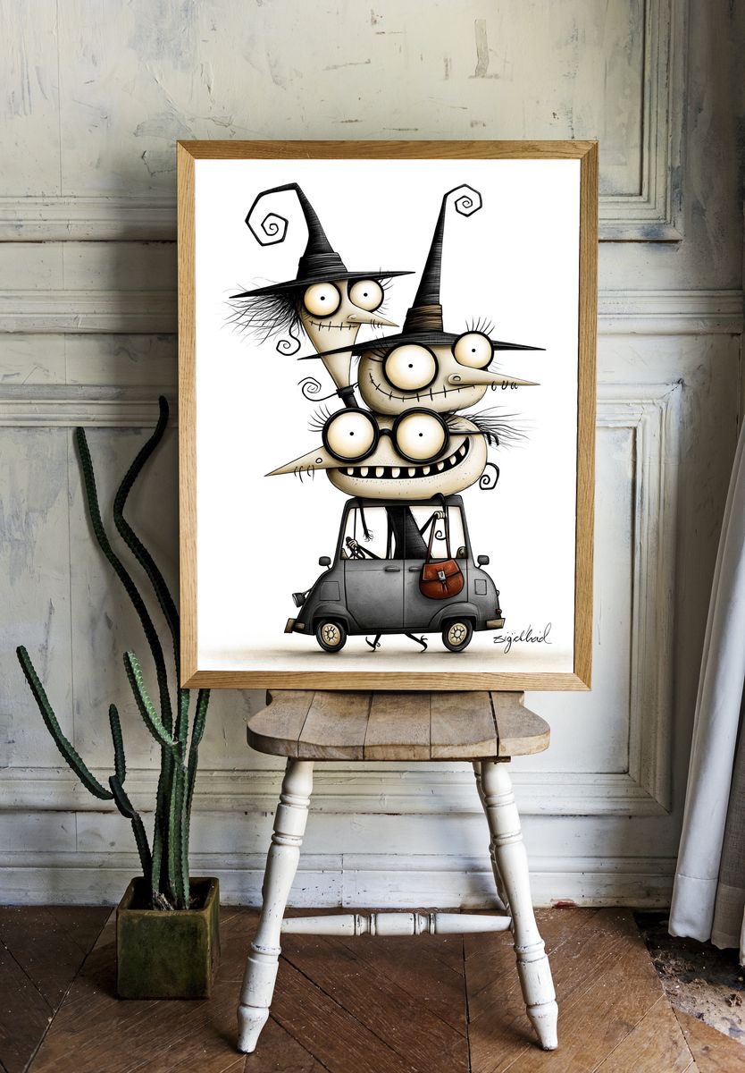 Witch Car Cartoon Illustration Poster. room preview