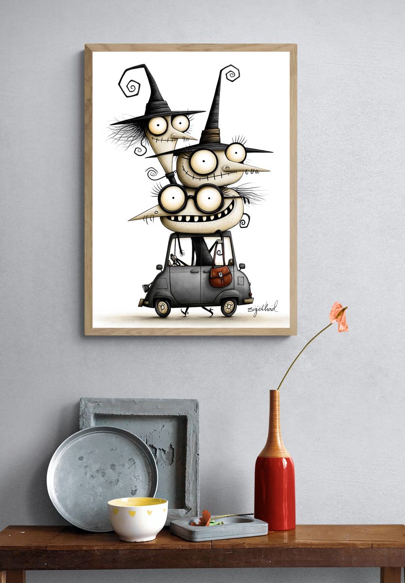 Witch Car Cartoon Illustration Poster. — room view 3