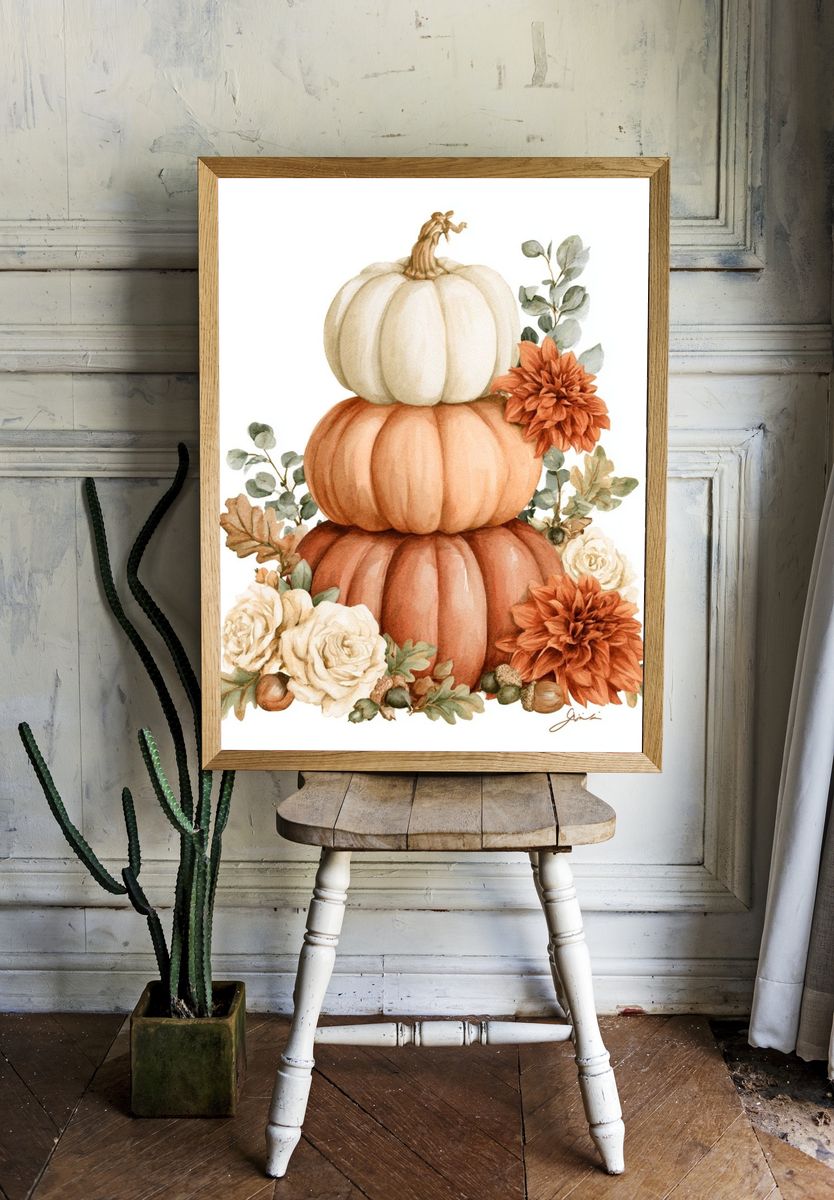 Autumn Pumpkin Stack Watercolor Poster. room preview