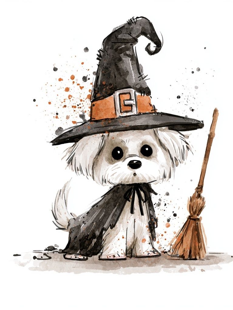 Witchy Puppy Watercolor Poster. poster detail