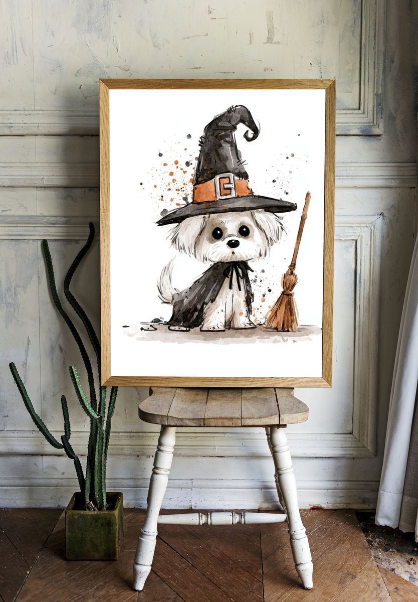 Witchy Puppy Watercolor Poster. room preview