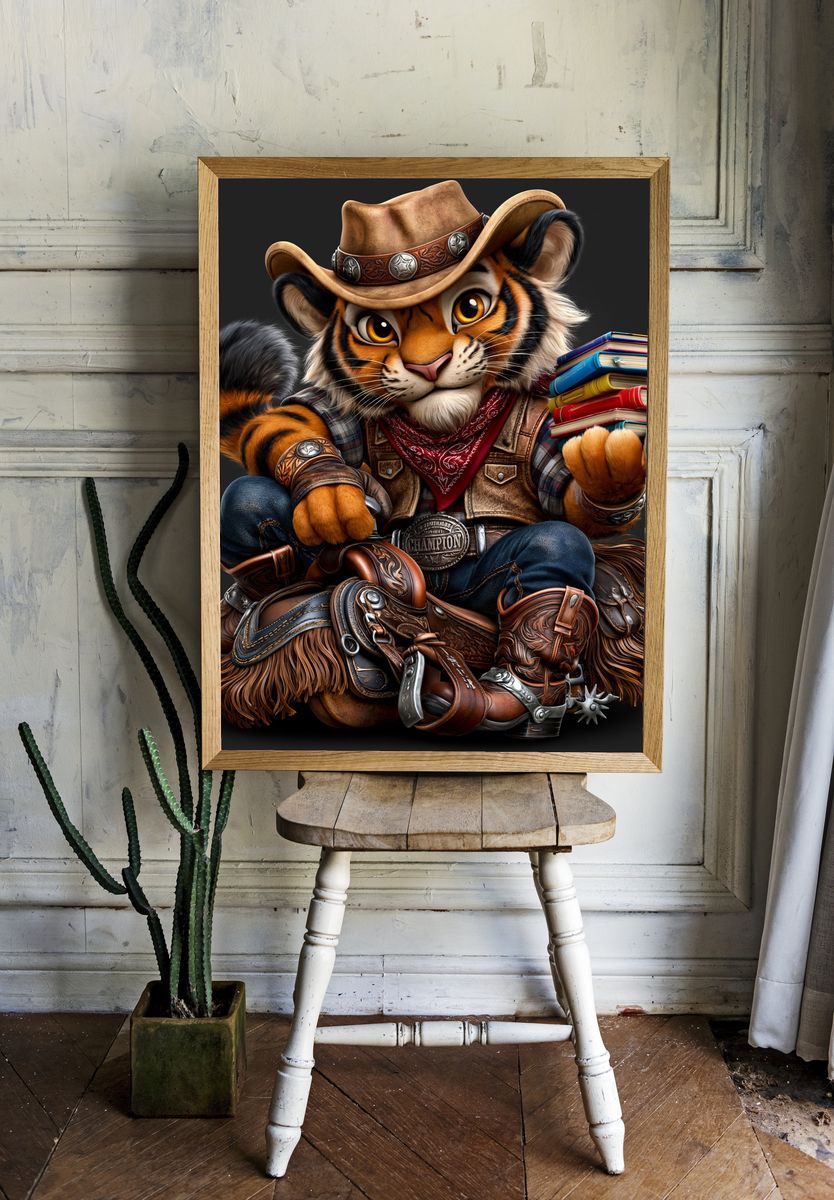 Cowboy Tiger Illustration Poster. — room view 1