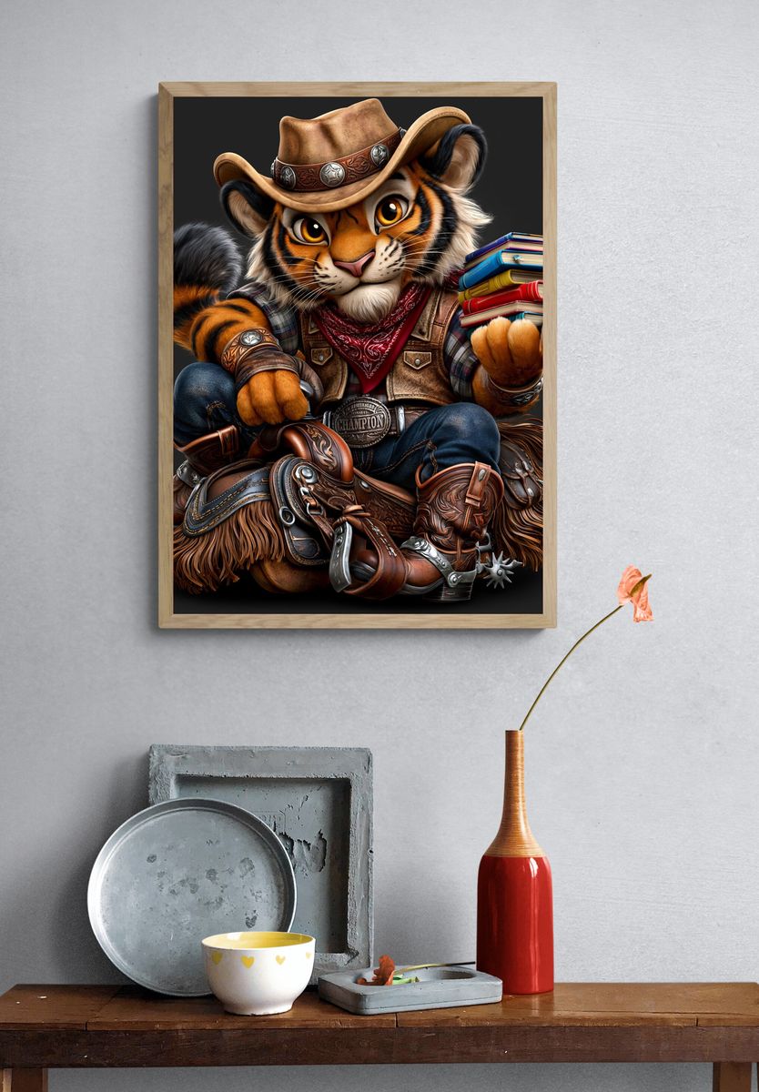 Cowboy Tiger Illustration Poster. — room view 3