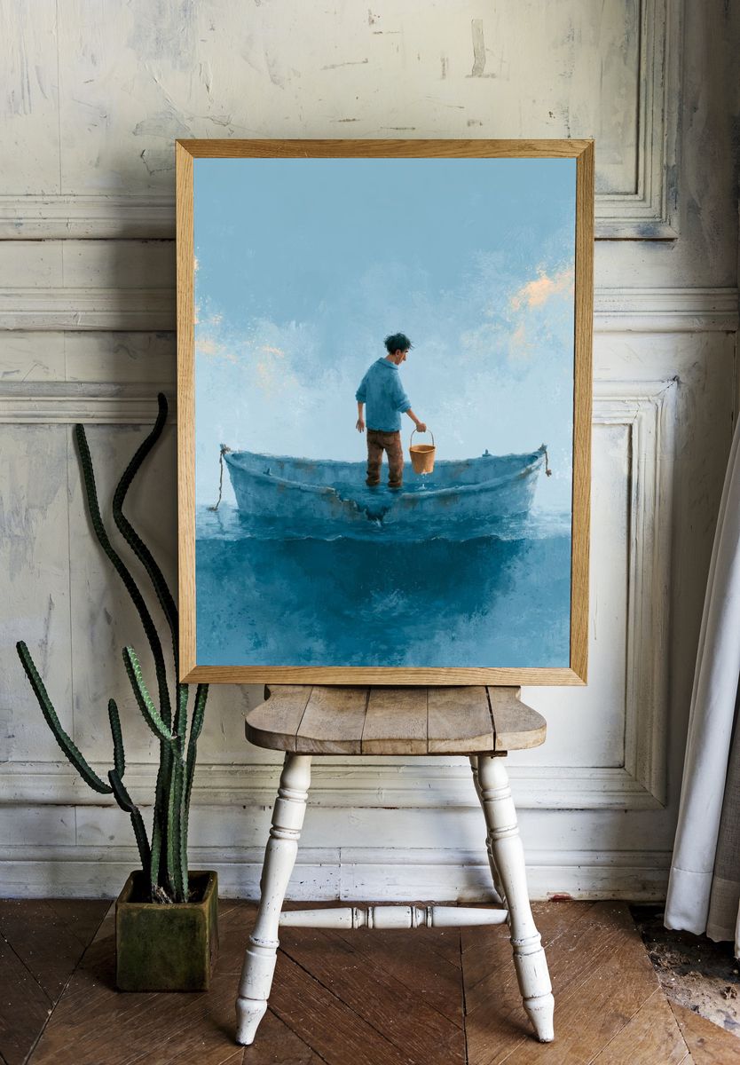 Boy in Blue Boat Illustration Print. room preview
