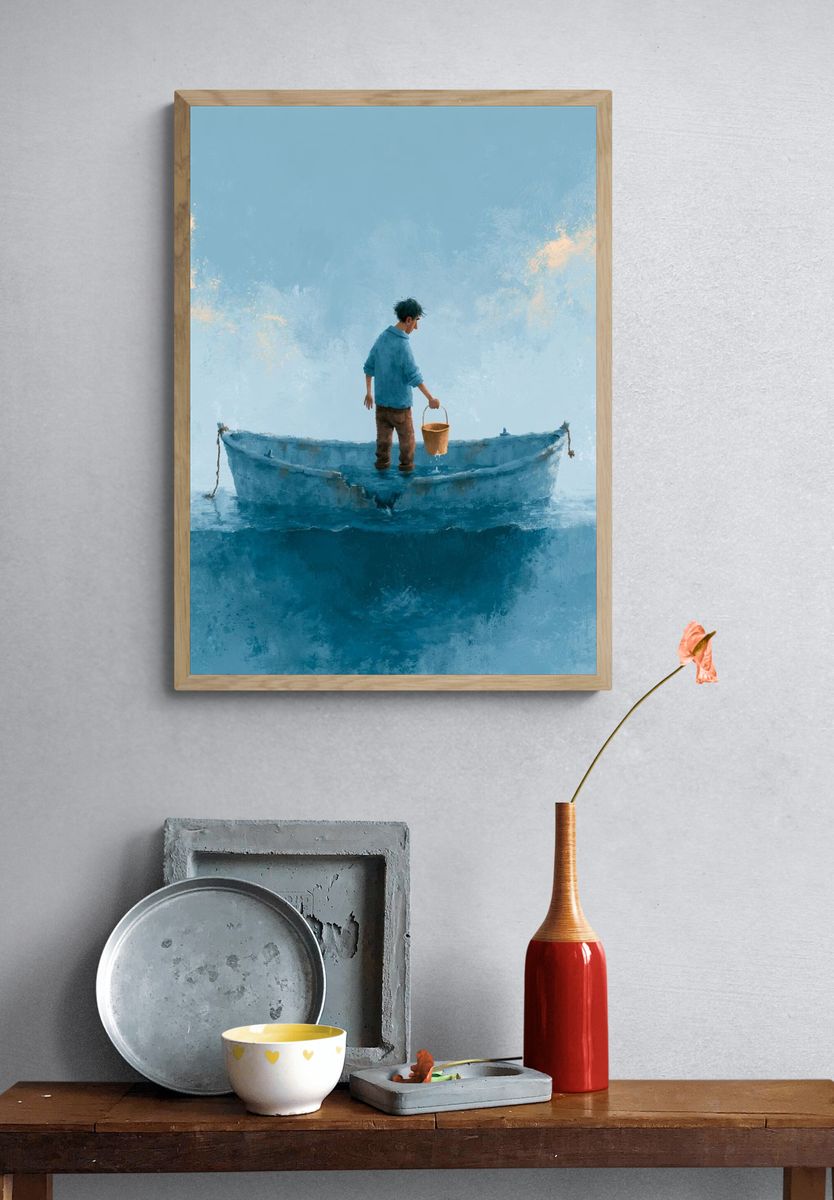 Boy in Blue Boat Illustration Print. — room view 3