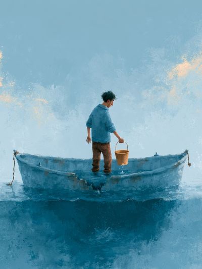Boy in Blue Boat Illustration Print.