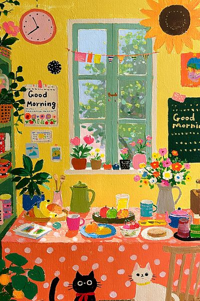 Cozy Cat Kitchen Illustration Poster.