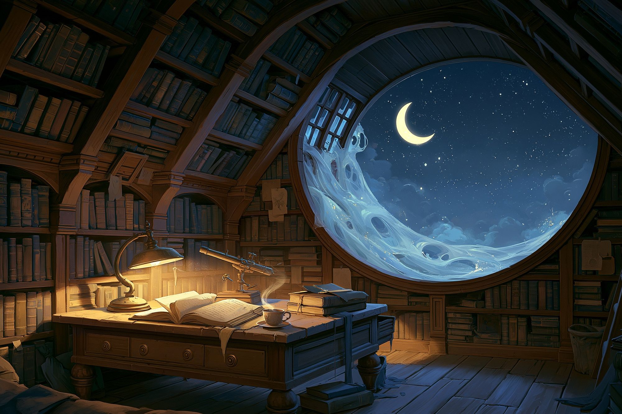 Moonlit Library Fantasy Print. poster — illustration art