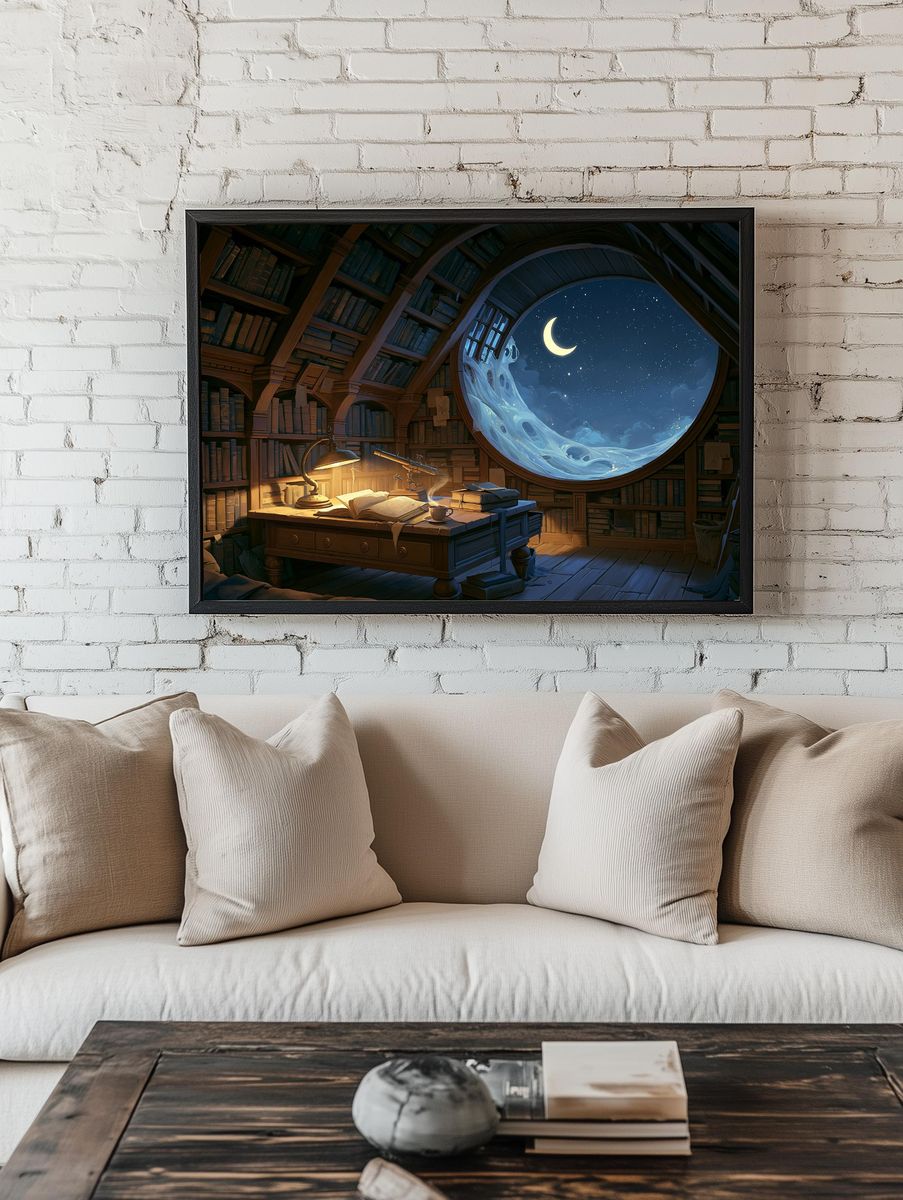 Moonlit Library Fantasy Print. — room view 1