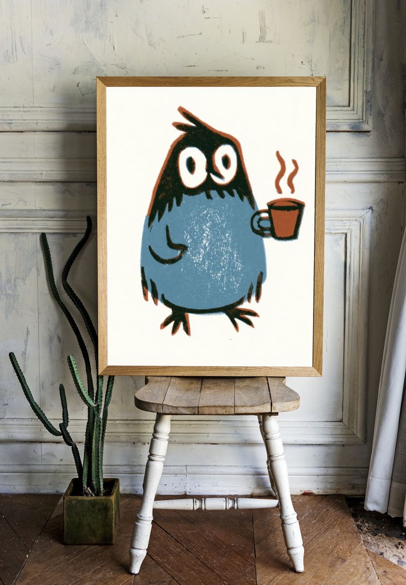 Coffee Owl Cartoon Poster. room preview