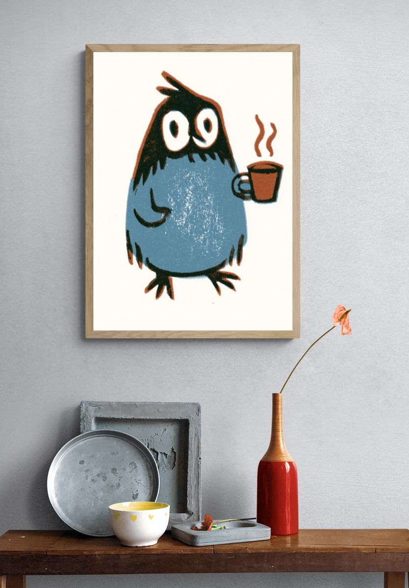 Coffee Owl Cartoon Poster. — room view 3
