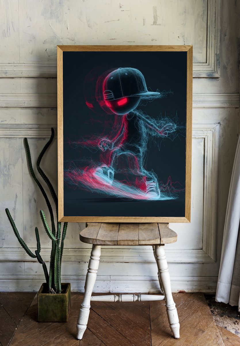 Neon Skateboarder Digital Art Poster. — room view 1