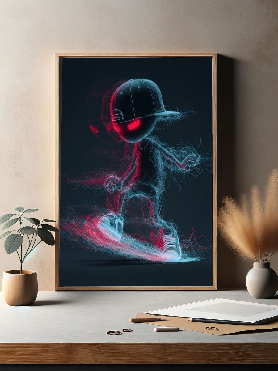 Neon Skateboarder Digital Art Poster. — room view 2
