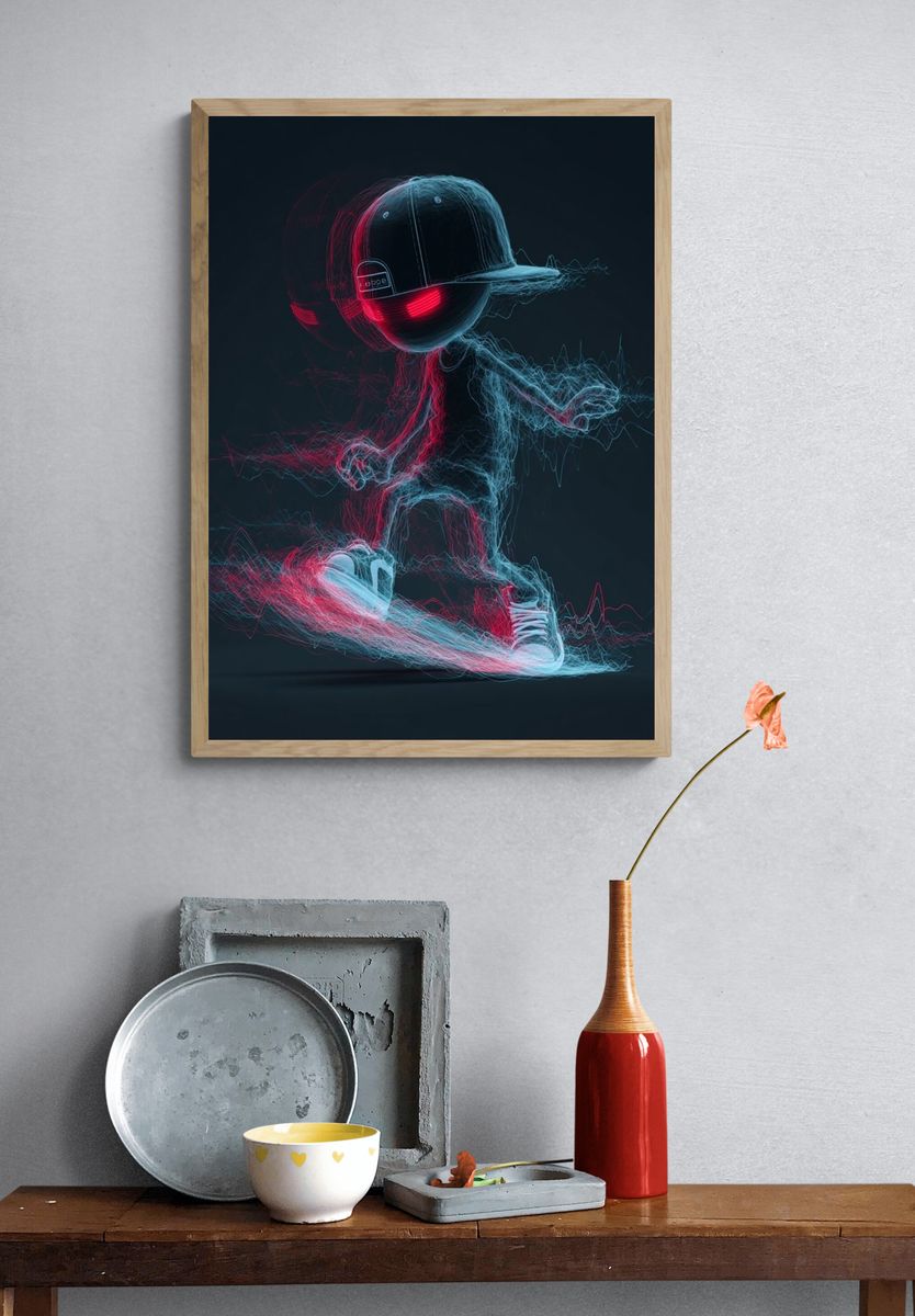 Neon Skateboarder Digital Art Poster. — room view 3