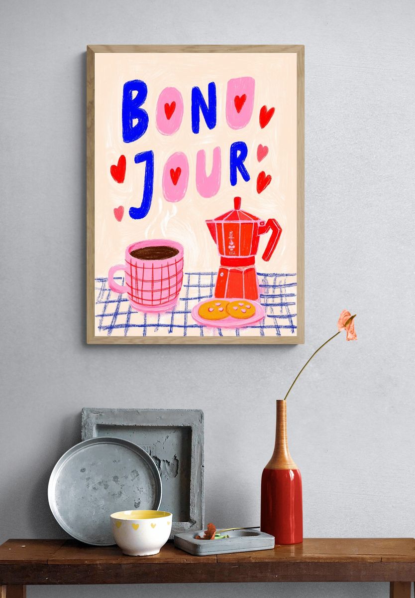 Bonjour Café Illustration Poster. — room view 3