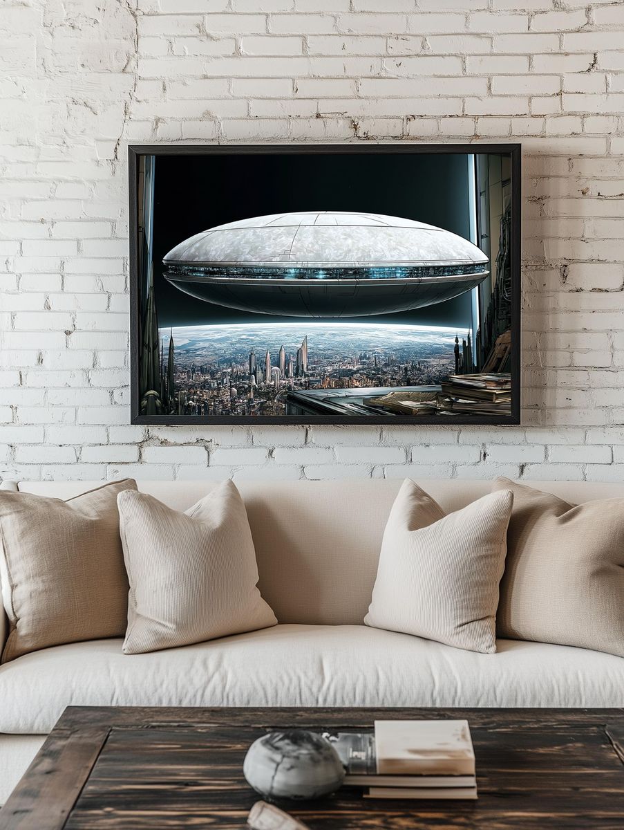 Futuristic Cityscape Spaceship Poster. room preview