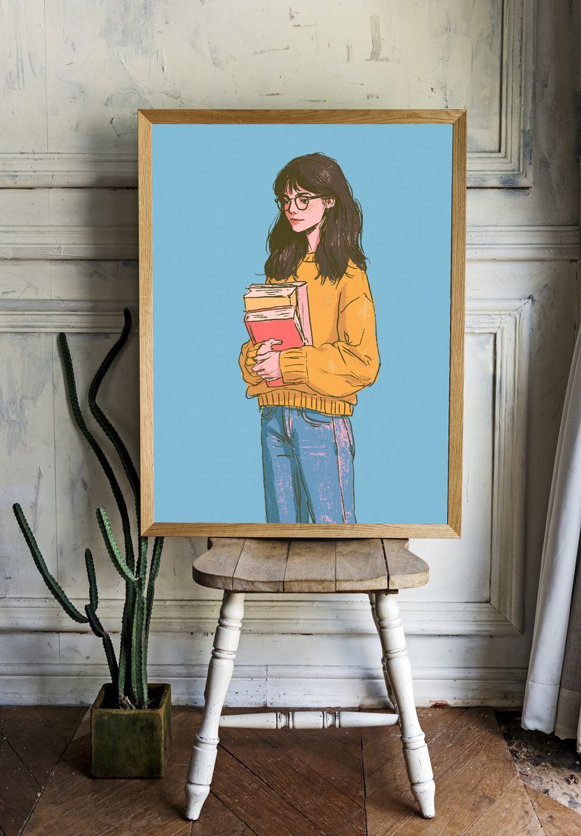 Girl with Books Illustration Poster. — room view 1