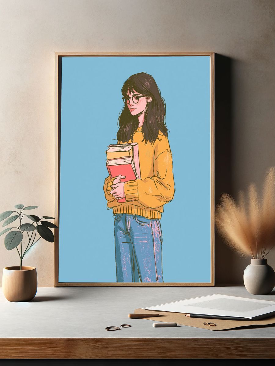 Girl with Books Illustration Poster. — room view 2