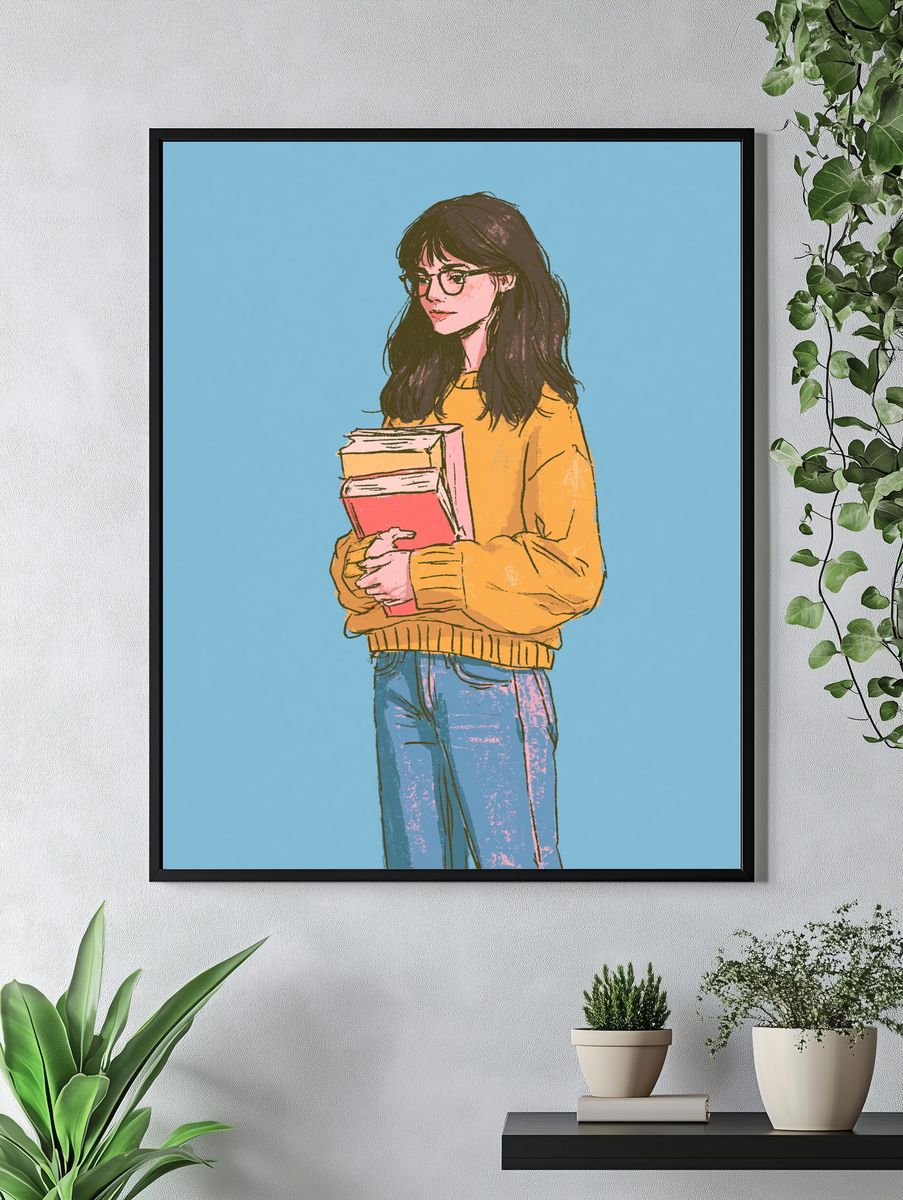 Girl with Books Illustration Poster. — room view 4