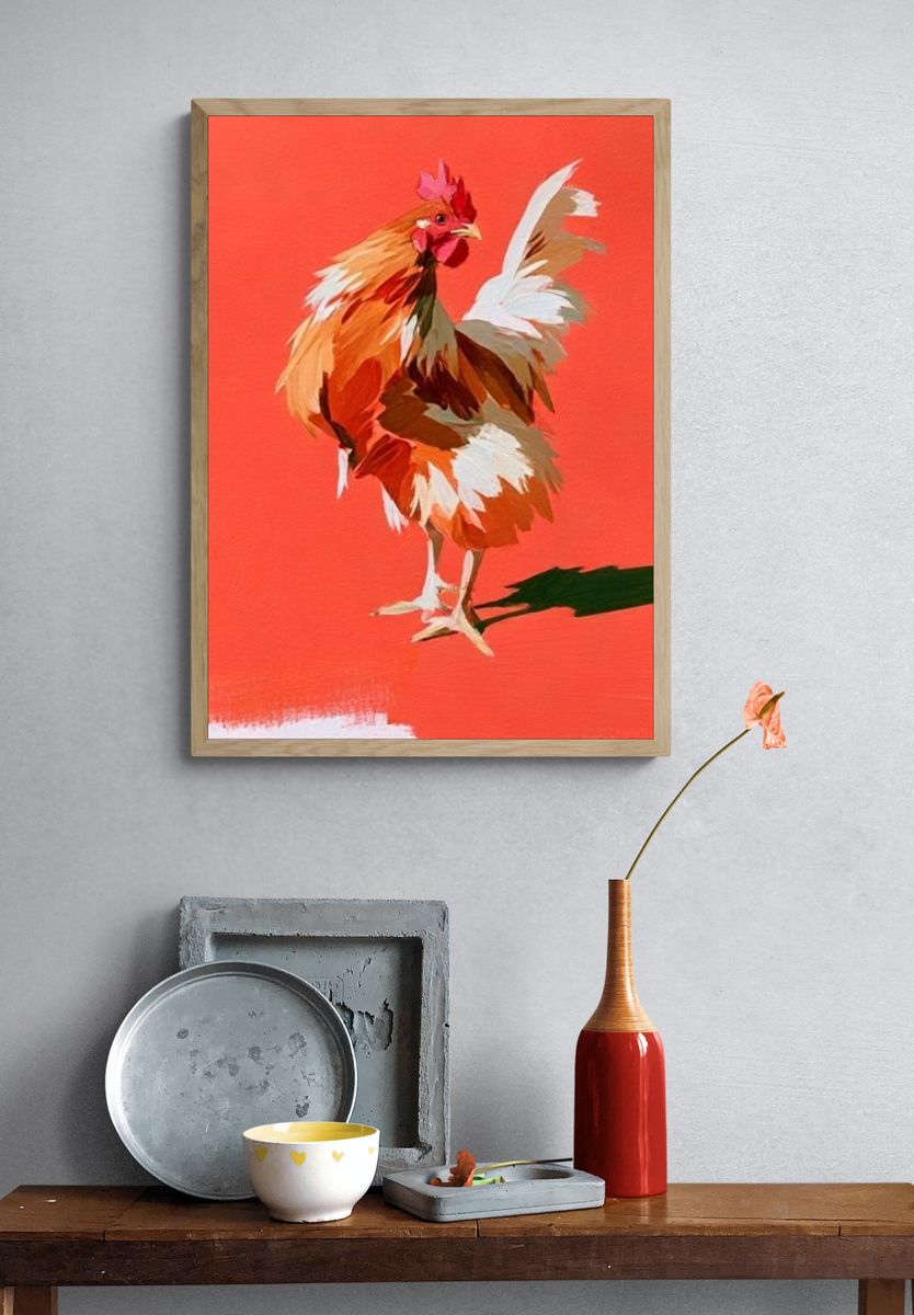 Rooster on Coral Background Illustration Poster. — room view 3