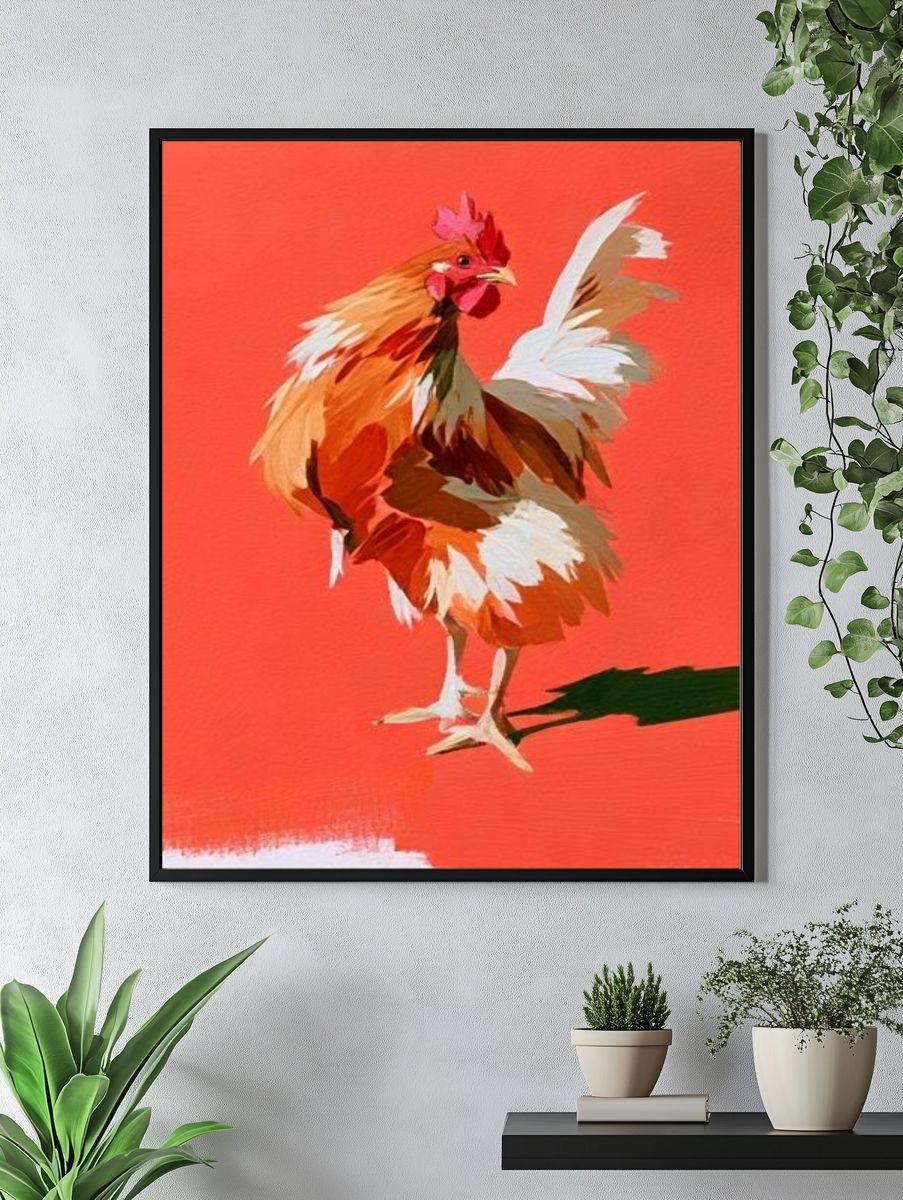 Rooster on Coral Background Illustration Poster. — room view 4