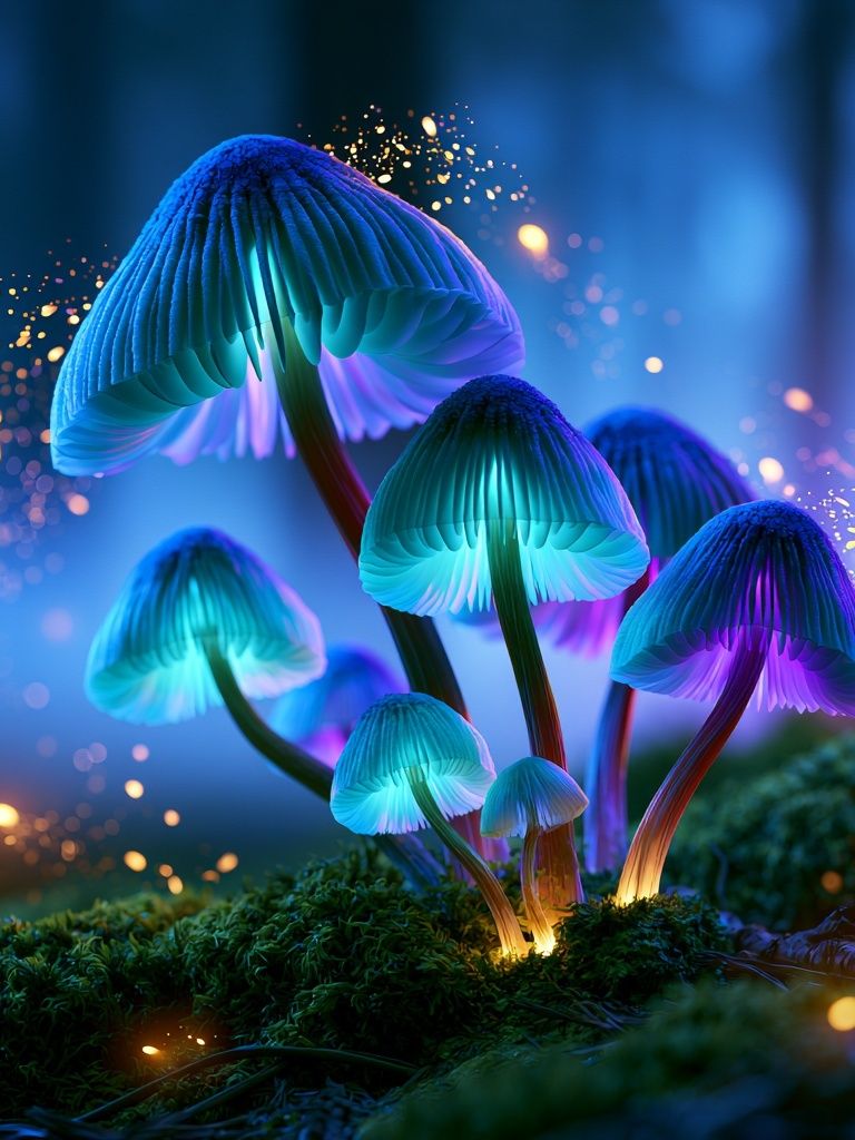 Glowing Neon Mushrooms Illustration Poster. poster — illustration art