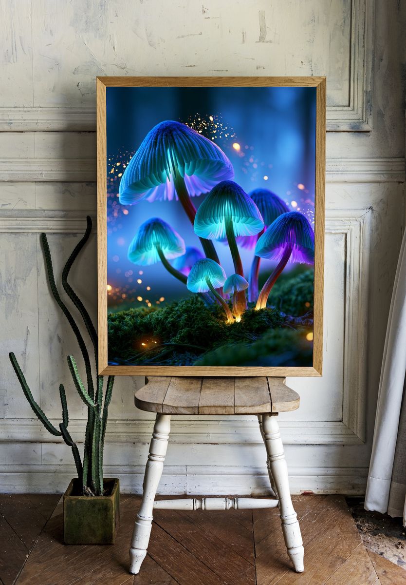 Glowing Neon Mushrooms Illustration Poster. room preview