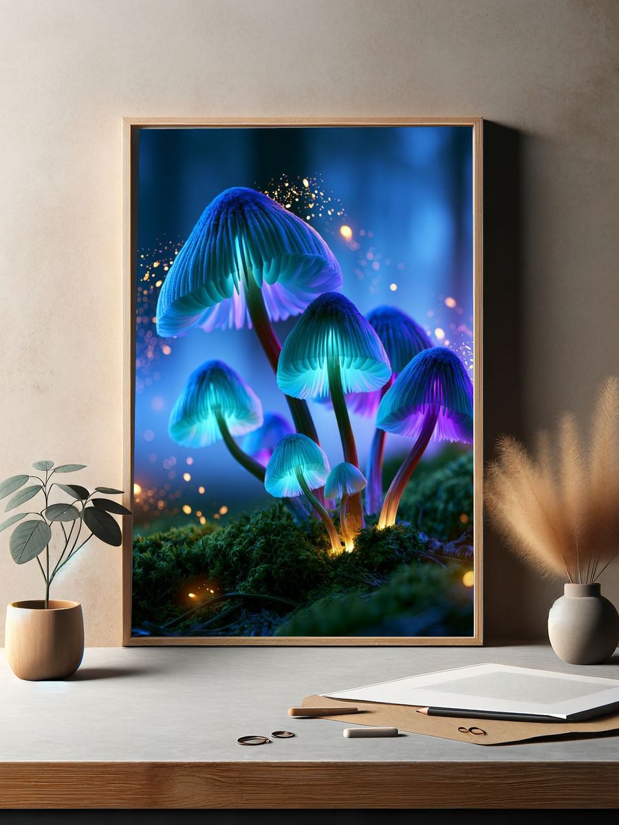 Glowing Neon Mushrooms Illustration Poster. — room view 2
