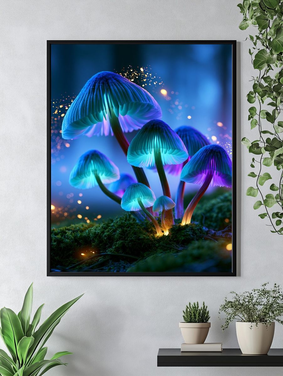 Glowing Neon Mushrooms Illustration Poster. — room view 4