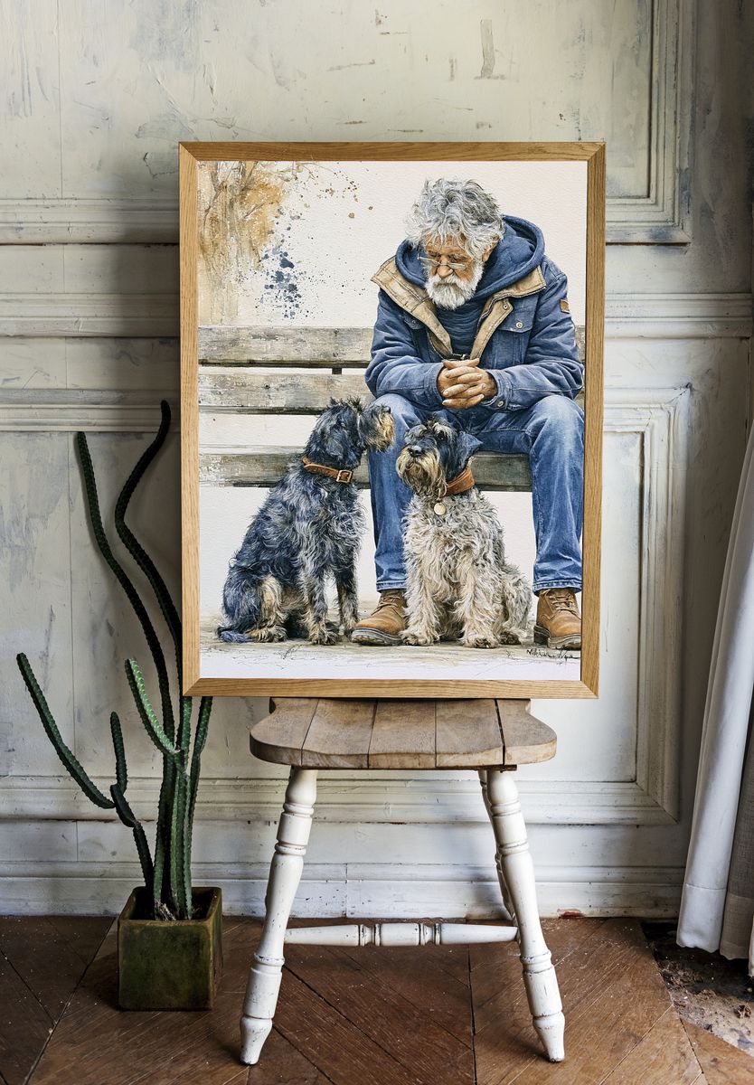 Man with Schnauzers Watercolor Print. — room view 1