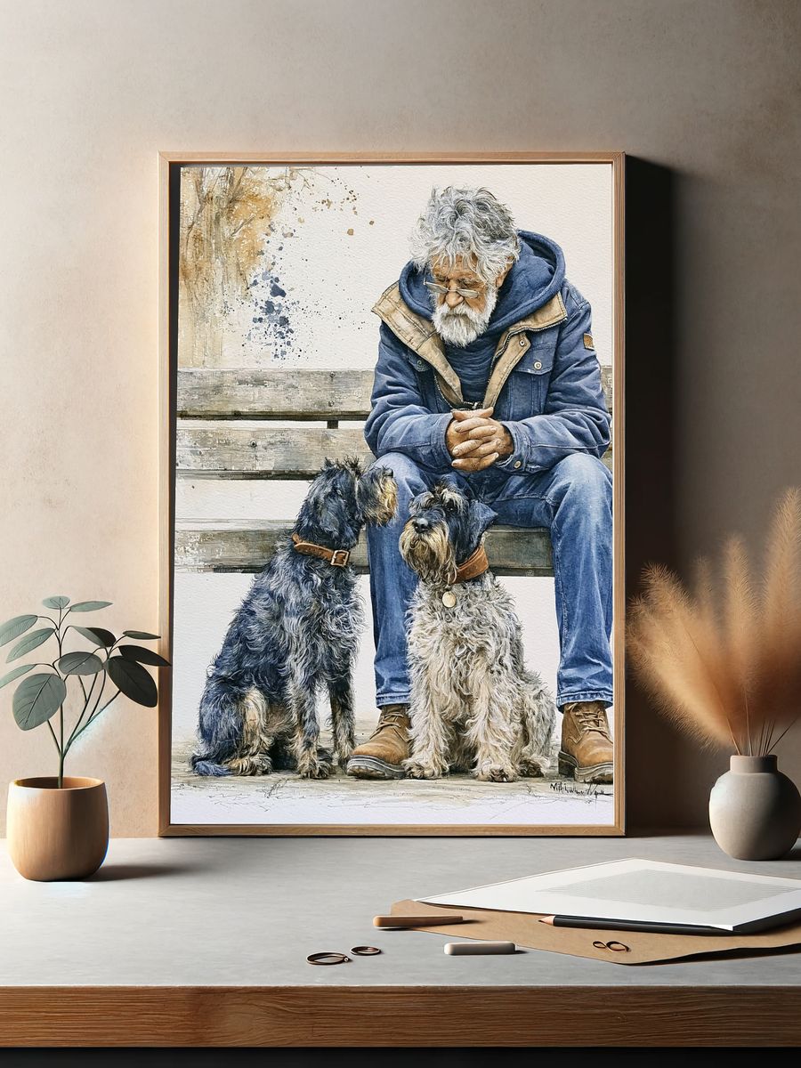 Man with Schnauzers Watercolor Print. — room view 2