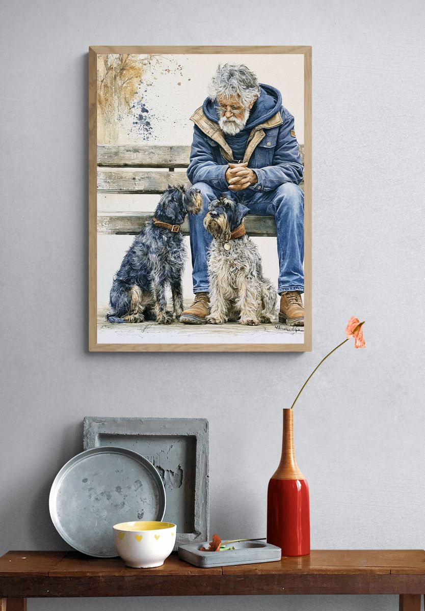 Man with Schnauzers Watercolor Print. — room view 3
