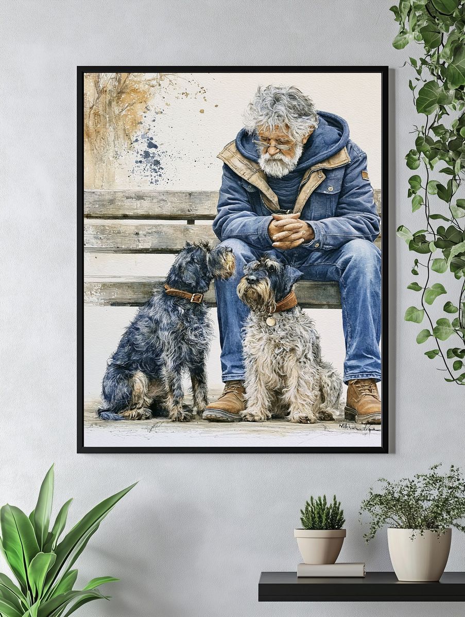Man with Schnauzers Watercolor Print. — room view 4