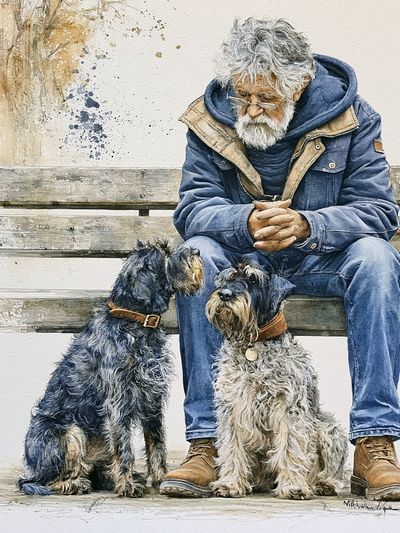 Man with Schnauzers Watercolor Print.