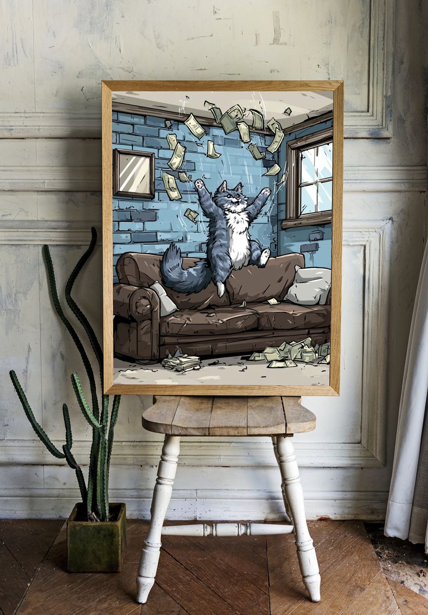Cat Cash Celebration Illustration Poster. — room view 1