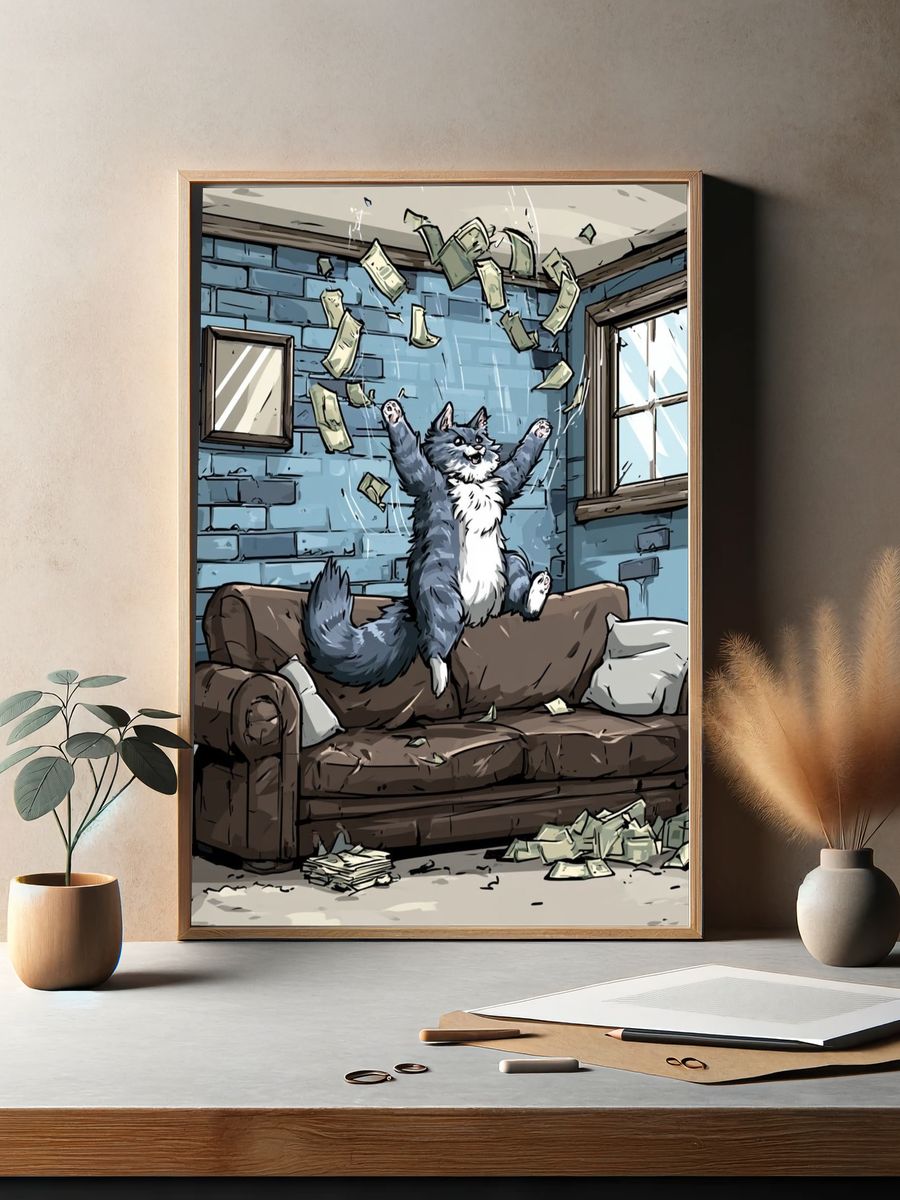 Cat Cash Celebration Illustration Poster. — room view 2