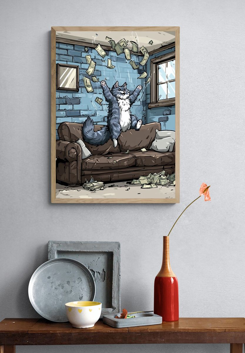 Cat Cash Celebration Illustration Poster. — room view 3