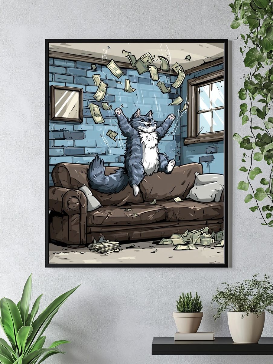 Cat Cash Celebration Illustration Poster. — room view 4