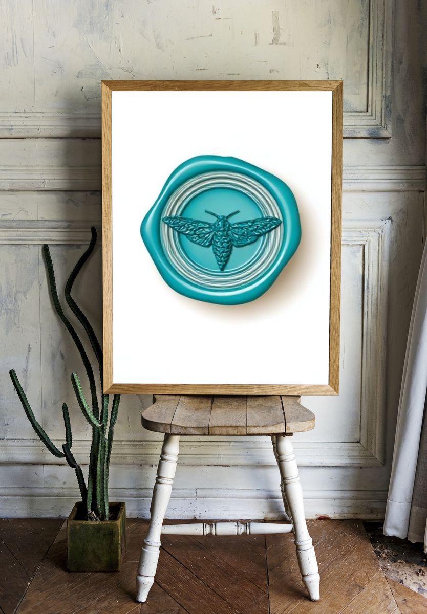 Teal Moth Emblem Illustration Poster. — room view 1