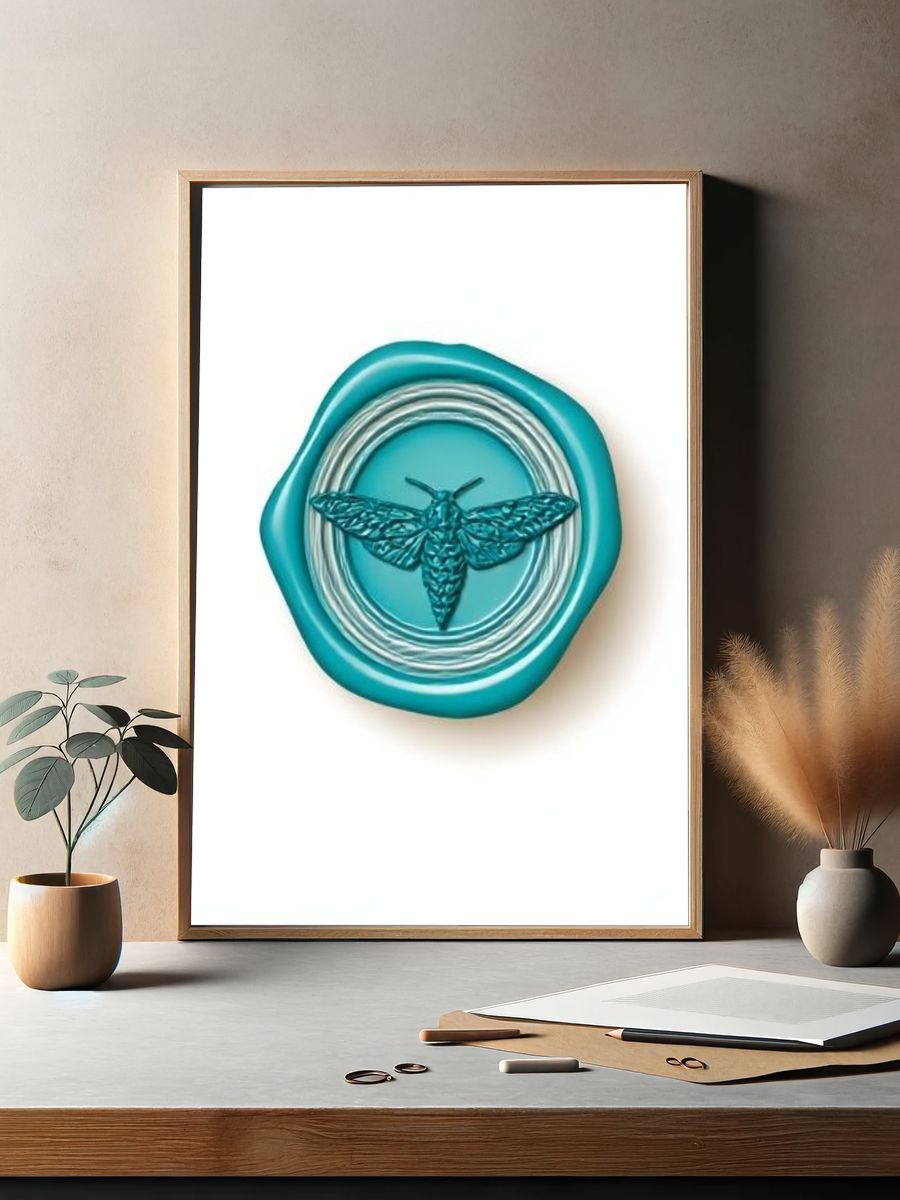 Teal Moth Emblem Illustration Poster. — room view 2