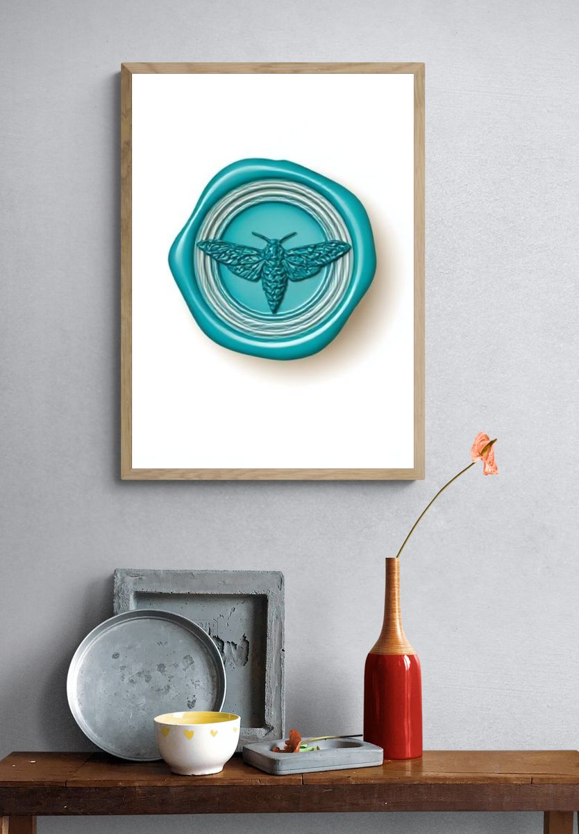 Teal Moth Emblem Illustration Poster. — room view 3