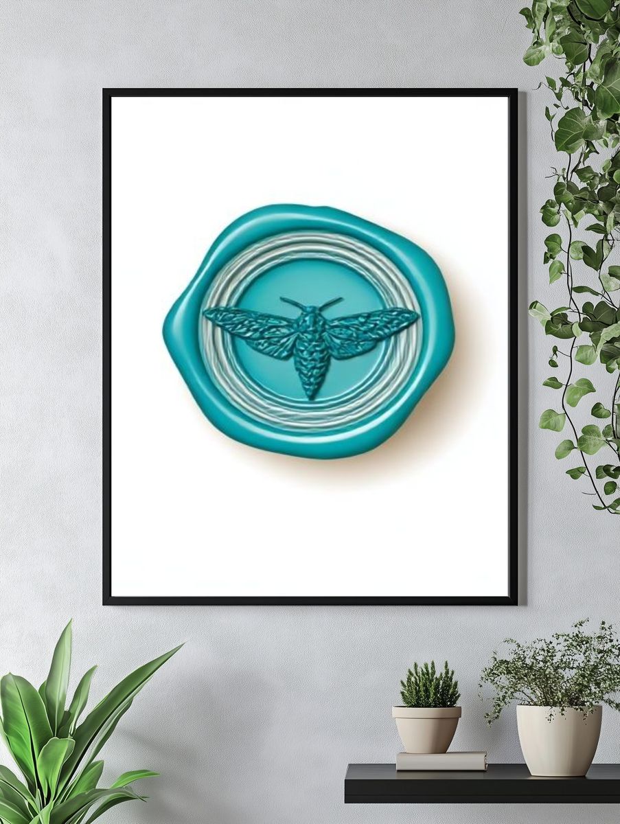 Teal Moth Emblem Illustration Poster. — room view 4