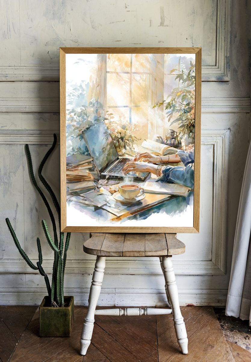 Sunlit Study Desk Watercolor Print. — room view 1