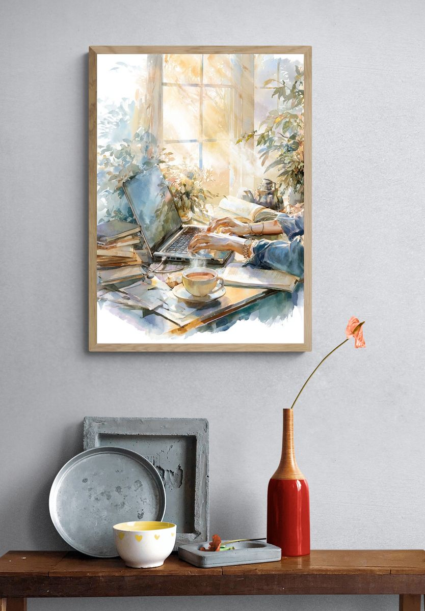Sunlit Study Desk Watercolor Print. — room view 3
