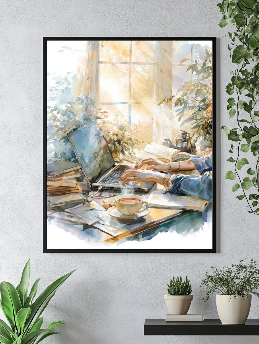 Sunlit Study Desk Watercolor Print. — room view 4